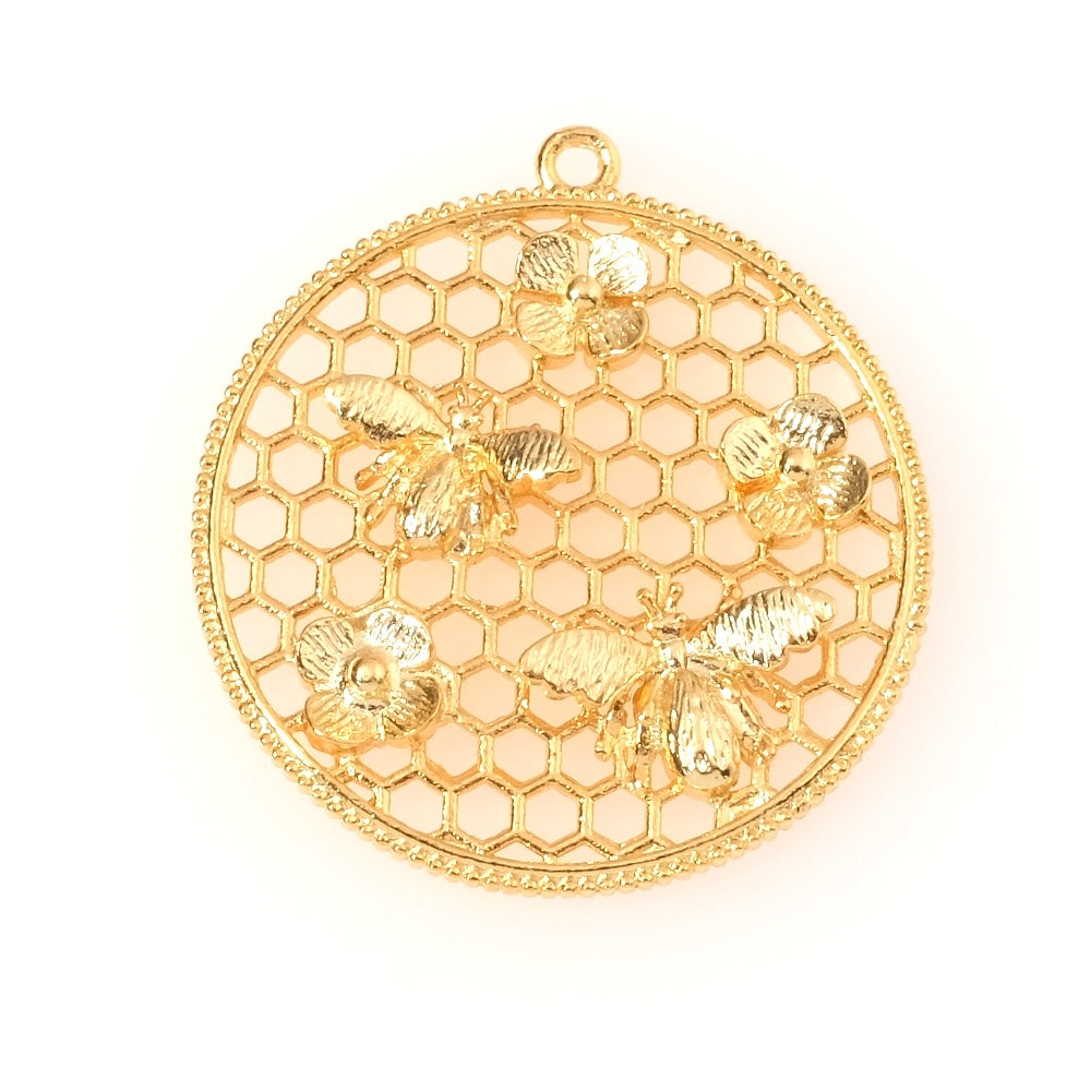 Pendentif ruche abeilles et fleurs en laiton doré à l&#39;or fin 24K Premium