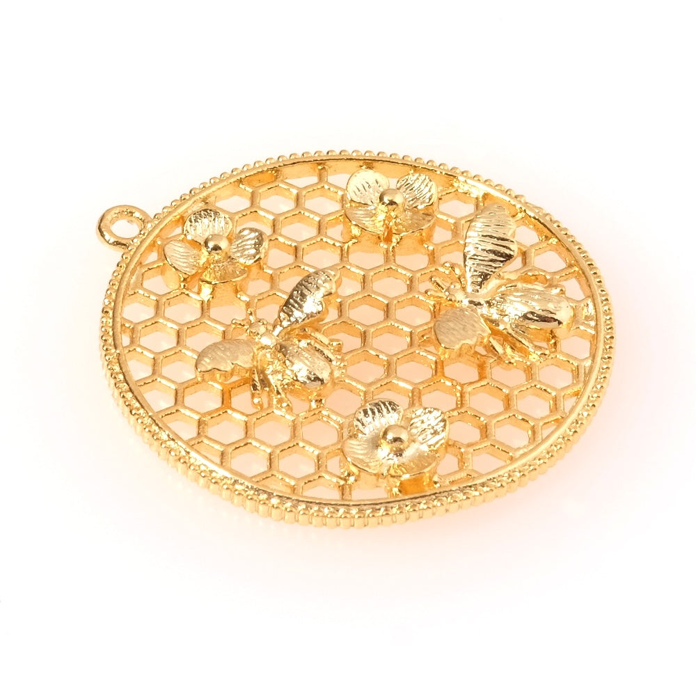 Pendentif ruche abeilles et fleurs en laiton doré à l&#39;or fin 24K Premium