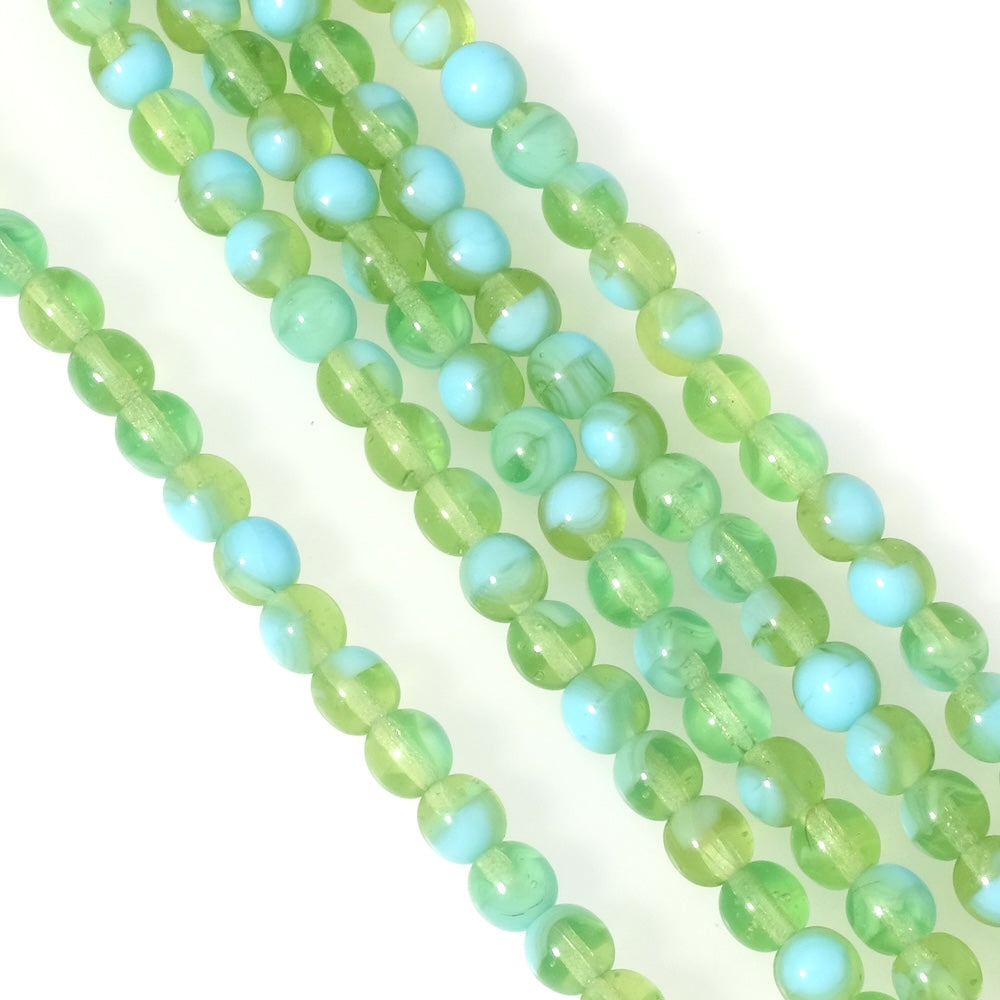 Fil de perles de Bohème rondes 6mm Bleu et vert transparent