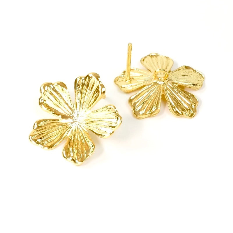 Boucles d'oreilles clous Fleurs en laiton doré à l'or fin 24K, la paire