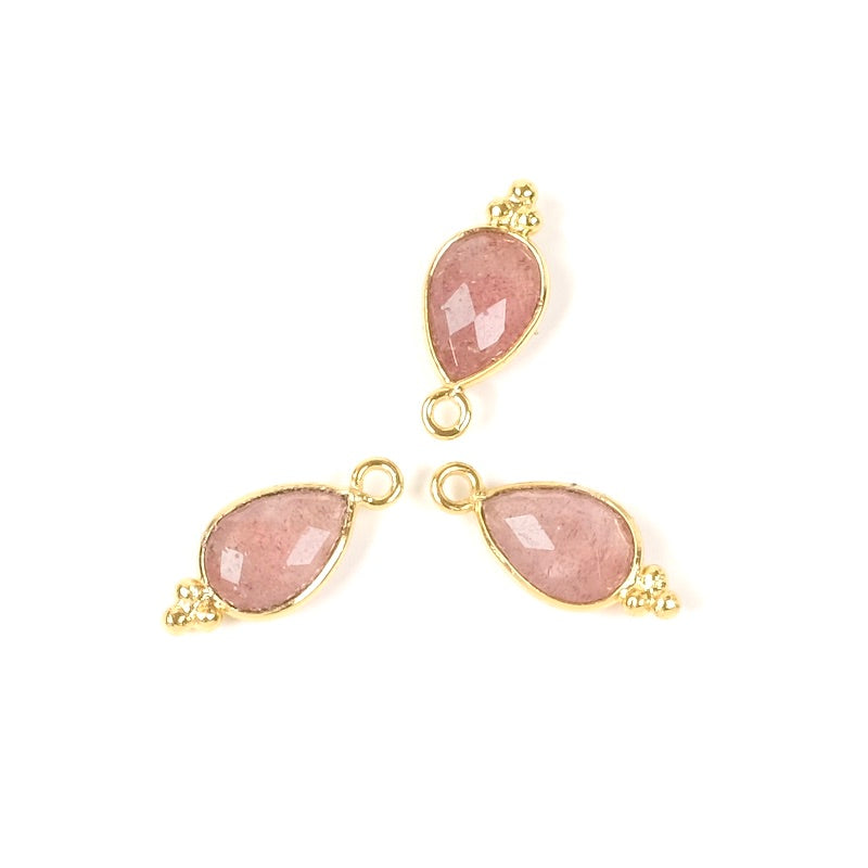 Pendentif serti goutte bohème Quartz fraise en laiton Doré à l'or fin 24K