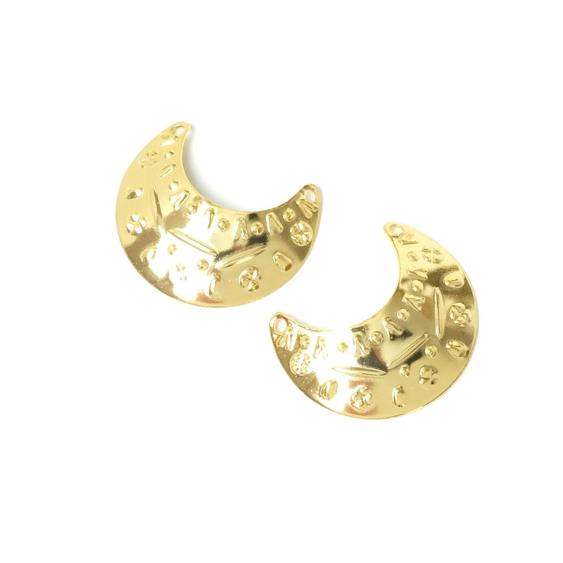 2 Pendentifs demi-lune Ethnique en laiton doré à l&#39;or fin 24K