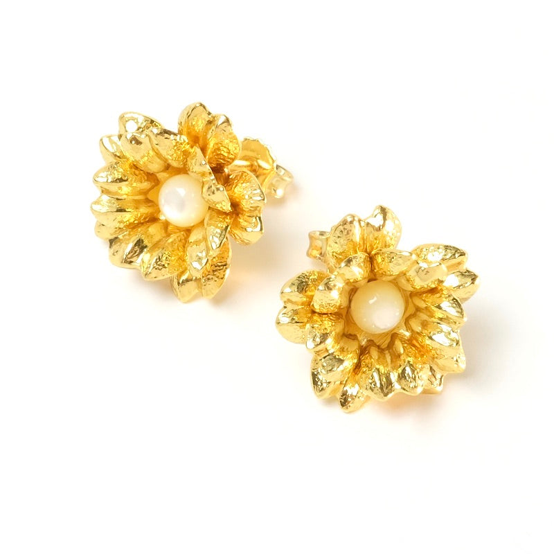 Boucles d&#39;oreilles clous Fleurs en laiton doré à l&#39;or fin 24K, la paire