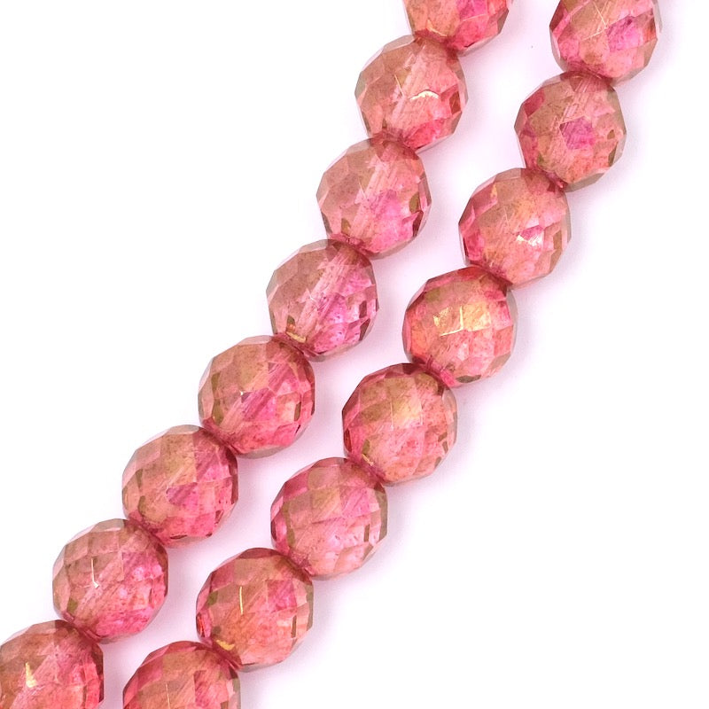 Fil de perles de Bohème rondes facettées Fuchsia transparent reflet doré 10mm