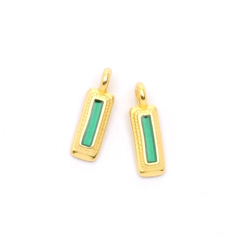 2 petits Pendentifs rectangle ethnique émaillé turquoise doré 24K