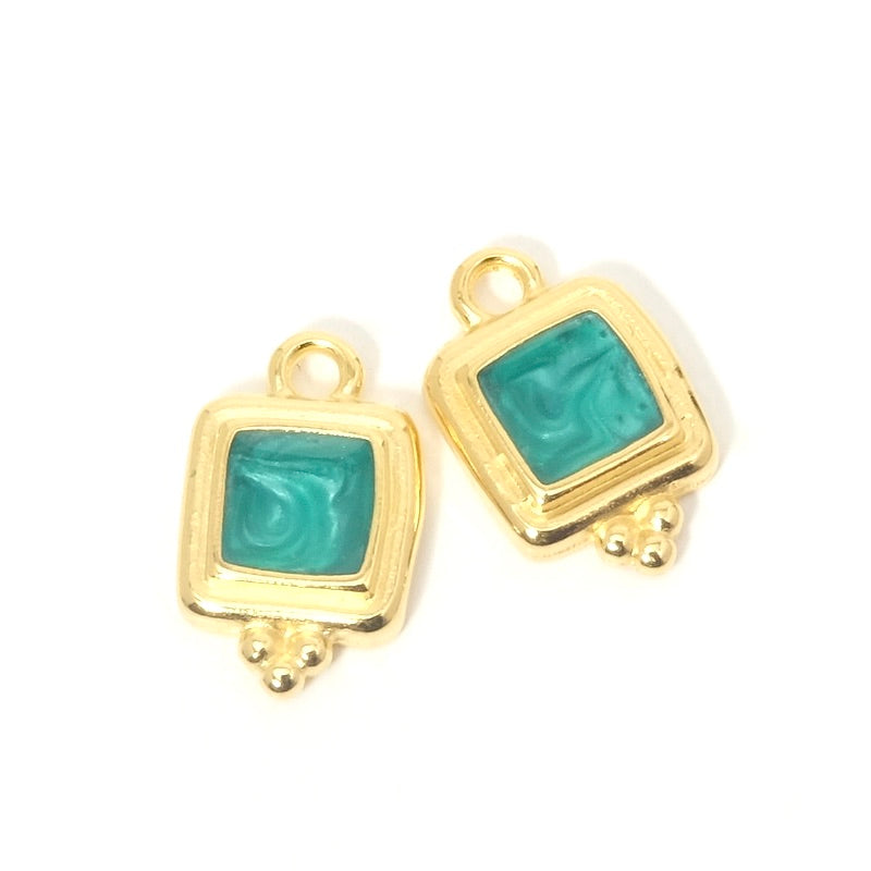 2 Pendentifs carrés ethniques émaillé effet turquoise doré 24K