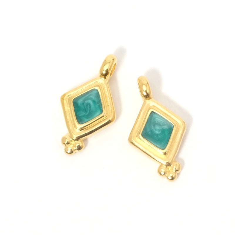 2 Pendentifs losange émaillé effet Turquoise doré 24K