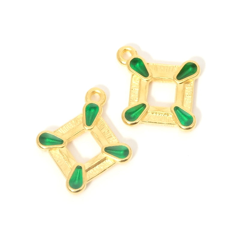 Pendentif losange et gouttes émaillées vert doré 24K