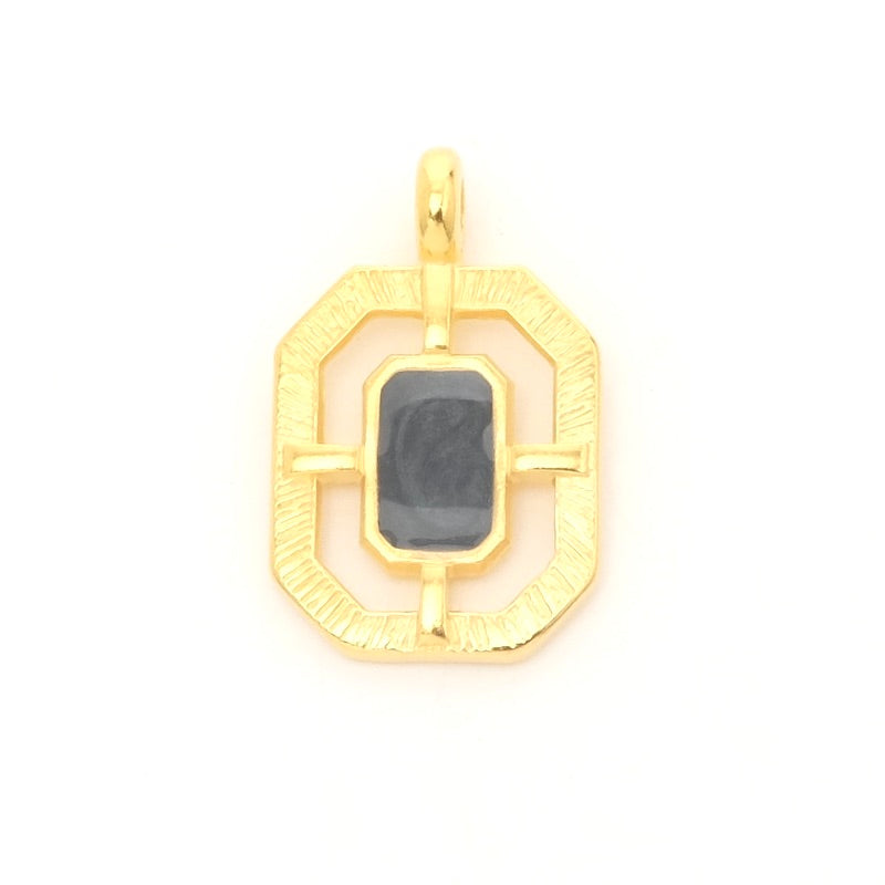 Pendentif cadre hexagone émaillé effet noir doré 24K